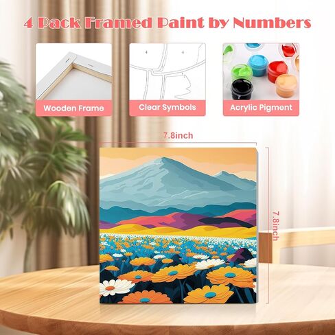 Miscer 4 Pack Paint بأرقام للمبتدئين للبالغين ، ترسم الزهور من قبل مجموعات الأرقام للأطفال ، لوحة زيت أكريليك DIY مناسبة لزينة المنزل (8x8nch) in Kuwait