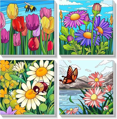 Miscer 4 Pack Paint بأرقام للمبتدئين للبالغين ، ترسم الزهور من قبل مجموعات الأرقام للأطفال ، لوحة زيت أكريليك DIY مناسبة لزينة المنزل (8x8nch) in Kuwait