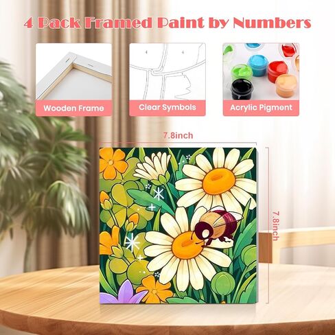Miscer 4 Pack Paint بأرقام للمبتدئين للبالغين ، ترسم الزهور من قبل مجموعات الأرقام للأطفال ، لوحة زيت أكريليك DIY مناسبة لزينة المنزل (8x8nch) in Kuwait