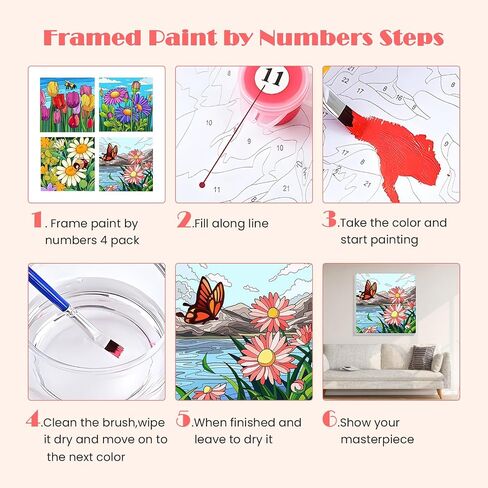 Miscer 4 Pack Paint بأرقام للمبتدئين للبالغين ، ترسم الزهور من قبل مجموعات الأرقام للأطفال ، لوحة زيت أكريليك DIY مناسبة لزينة المنزل (8x8nch) in Kuwait