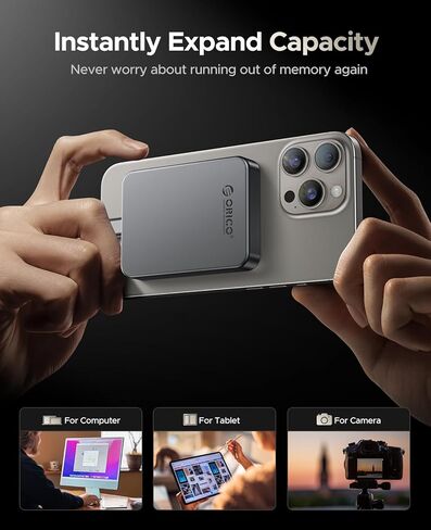 ORICO 1TB Magnetic Portable SSD, Metal Body, 4K 120 fps ProRes HDR Record and Store, Up to 460MB/s, USB C&A 2 in 1 Cable, External SSD Compatible with iPhone 16 Pro Max, Tablet, Computer - K5PLUS in Kuwait