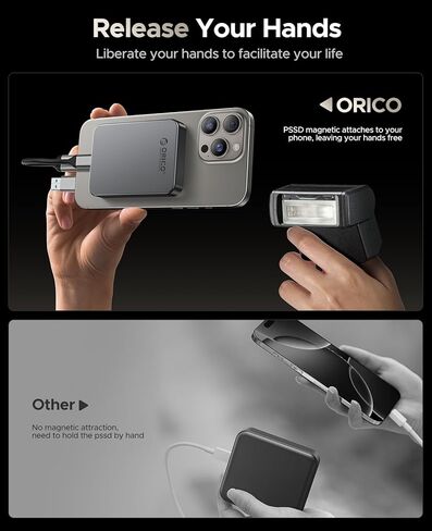 ORICO 1TB Magnetic Portable SSD, Metal Body, 4K 120 fps ProRes HDR Record and Store, Up to 460MB/s, USB C&A 2 in 1 Cable, External SSD Compatible with iPhone 16 Pro Max, Tablet, Computer - K5PLUS in Kuwait