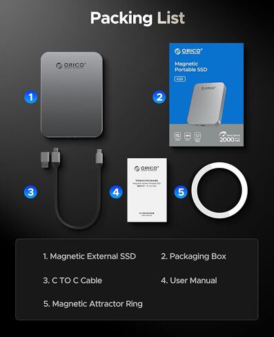 ORICO 1TB Magnetic Portable SSD, Metal Body, 4K 120 fps ProRes HDR Record and Store, Up to 460MB/s, USB C&A 2 in 1 Cable, External SSD Compatible with iPhone 16 Pro Max, Tablet, Computer - K5PLUS in Kuwait