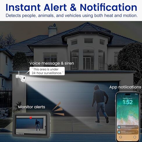 VS1002 Wireless Security Camera System with Light Camera and 7" Monitor, Two-Way Audio, Free APP, SD Card and Battery installed (720p HD camera) in Kuwait