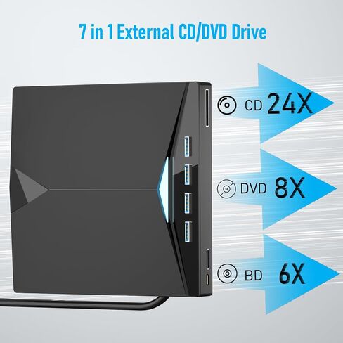 محرك الأقراص المضغوطة/DVD الخارجي للكمبيوتر المحمول ، محرك أقراص خارجي من USB 3.0 CD 3.0 CD ، قارئ CD للكمبيوتر الشخصي مع 4 منافذ USB وفتحات بطاقة TF/SD ، محرك أقراص DVD خارجي لنظام التشغيل Windows 11/0/8/7/XP/Linux/MacOS in Kuwait