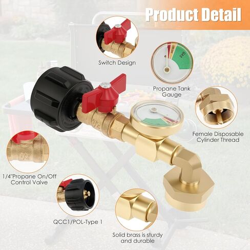 Solid Brass Propane Refill Adapter QCC1 Propane Refill Adapter with Valve and Gauge Reusable 90 Degrees Refill Pressure Adapter for Filling 1 lb Bottles Camping Grill in Kuwait