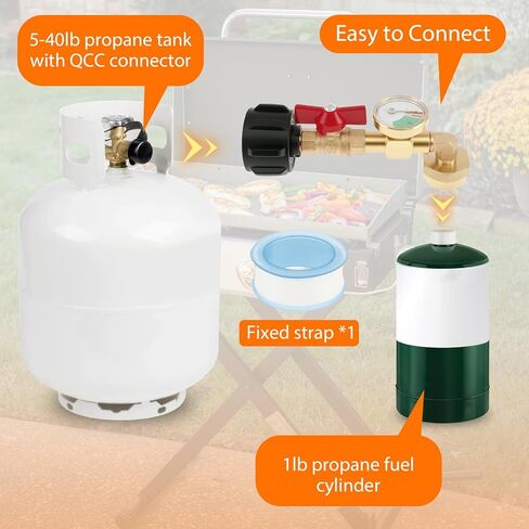 Solid Brass Propane Refill Adapter QCC1 Propane Refill Adapter with Valve and Gauge Reusable 90 Degrees Refill Pressure Adapter for Filling 1 lb Bottles Camping Grill in Kuwait