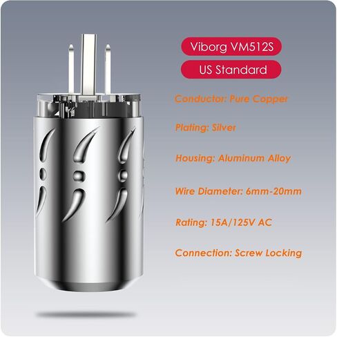 Viborg HiFi Power Plug, VM512+VF512, Pure Copper Non-Magnetic, AC Mains Plug, Audio Power Plug, Aluminum Alloy, Set Screws, Hi-End US Power Plug+IEC C15 Power Connector for DIY Audiophile Power Cable in Saudi Arabia