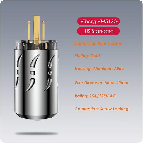 Viborg HiFi Power Plug, VM512+VF512, Pure Copper Non-Magnetic, AC Mains Plug, Audio Power Plug, Aluminum Alloy, Set Screws, Hi-End US Power Plug+IEC C15 Power Connector for DIY Audiophile Power Cable in Saudi Arabia