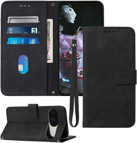 للحصول على محفظة Pixel 9 Pro XL Case ، Slots Slots Slots Slots Slots Slots ، قفص حالات الوجه الواقية للهاتف الجلدي (أسود) in Kuwait