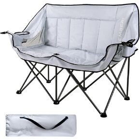 LEMBERI Oversized Outdoor Double Camping Chair with Strap, Portable Folding Loveseat for Adults, XL Heavy Duty Camping Chair Supports to 650lbs with Cup Holders, Glass Holders, Back Storage Bag, Gray