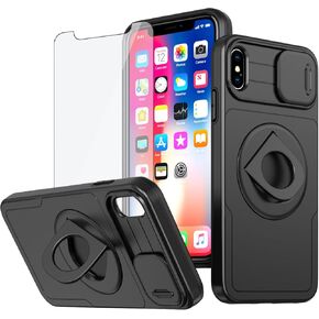 Asuwish Phone Case for iPhone Xs Max with Slide Camera Cover Tempered Glass Screen Protector Stand Ring Holder Rugged Slim Cell i X XR Xsmax 10x SX Xmax 10xs 10s 10 Plus Xmaxs Women Girls Men Green