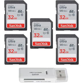 SanDisk 32GB Ultra SDHC UHS-I Class 10 Memory Card 120MB/s U1, Full HD, SD Camera Card SDSDUN4-032G (5 Pack) Bundle with (1) GoRAM USB 3.0 Card Reader