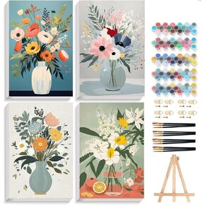 mjcakrn 4 Pack Paint by Numbers Kit for Adults with Framed, Easy Flowers Paint by Number Kits On Canvas with Wooden Easel, Adults Painting by Numbers for Beginner Home Decor 8x12inch