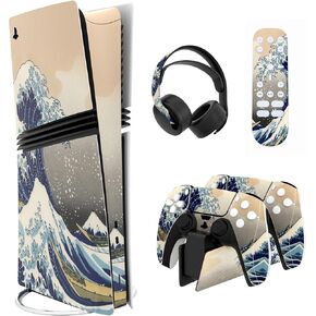 PlayVital Full Set Skin Stickers for ps5 Pro Console Digital & Disc, Vinyl Decal Wrap Accessories for ps5 Controller & Headset & Charging Station & Media Remote, The Great Wave