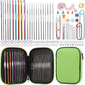uzecpk 96 PCS KITS CORCHET KIT ، إبر الكروشيه مع حقيبة تخزين ، خطافات من الكروشيه الألومنيوم مع علامات غرزة وإبر حادة للعين لعشاق الكروشيه ذوي الخبرة