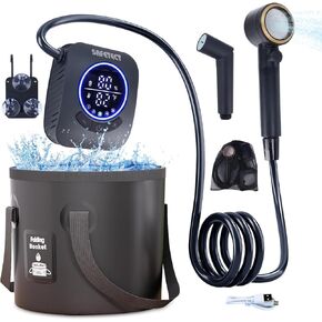 Portable Camping Shower Pump, 5 Speed Mode, 8000mAh Rechargeable Shower Pump, 4 Mode Shower Head and 20 L Foldable Bucket, Camp Shower for Hiking,Travel Beach, Pet Bath, Car Washing (Black)