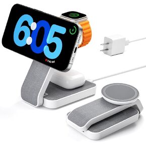 3 in 1 Foldable Wireless Charging Station for MagSafe, Travel Magnetic Charger Stand for iPhone 16 15 14 13 Pro Max, Nightstand Charging Dock with Night Light for Apple Watch/AirPods (White)