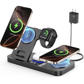 2025 Upgrade Wireless Charger, 6 in 1 Charging Station,30W Wireless Charger with Clock & 7-Color Night Light,Dual Phone Charger for iPhone 16/Samsung Galaxy,for AirPods for Apple Watch