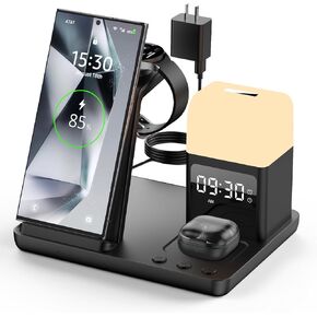 Wireless Charger for Samsung/Android Charging Station, 6 in 1 Fast Watch Charger with Alarm Clock-Night Light, Compatible for Galaxy S25 Ultra/S24/S23, Only for Samsung Watch7, Galaxy Buds3 Pro(Black)