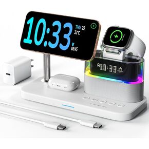 5 in 1 Wireless Charger with Alarm Clock for Apple Multiple Devices,Bedside Night Light Nightstand Mag-Safe Charging Station for iPhone 16/15/14/13/12,Apple Watch,Air-Pods(Black)