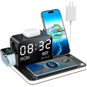 7 in 1 Wireless Charging Station for Apple Device Wireless Charger with Night Light Bluetooth TimeSync Temperature 33W Fast Charger for iPhone 16/15/14/13/12 All Series Android Phone Airpods iWatch