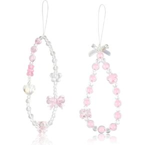 2 PCS Pink Crystal & Pearl Flower Beaded Design | Bear Charm Keychains | Cute & Aesthetic Wrist Strap for Women & Girls | Multi-Purpose Cellphone Accessory, Bag & Key Accessories