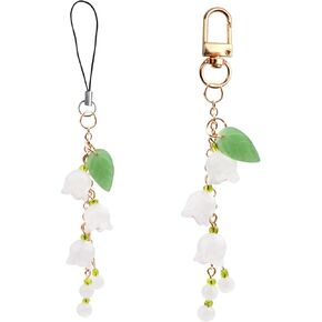 Lily of The Valley Phone Charm Cellphone Wrist Strap and Keychain, Glass Flower Jade Leaf Beaded Mobilephone Lanyard Chain Straps for Women Phones Bags Keychains Camera Decor