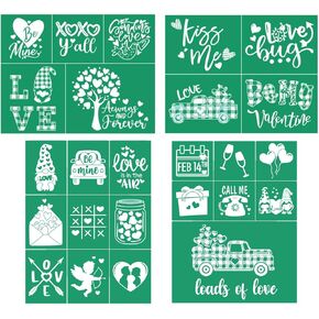 JAJADO 4pcs Happy Valentine's Day Silk Screen Stencil Reusable Self Adhesive Stencil, Dinosaur Heart Love Dandelion Gnome Screen Print Silk Screen Transfers for Painting on Wood Sign, Card, T-Shirt