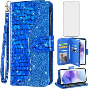Asuwish Phone Case for Samsung Galaxy A55 5G Wallet Cover with Tempered Glass Screen Protector Wrist Strap Bling Glitter Leather Flip Zipper Credit Card Holder Cell A 55 55A A555G Women Girls Pink