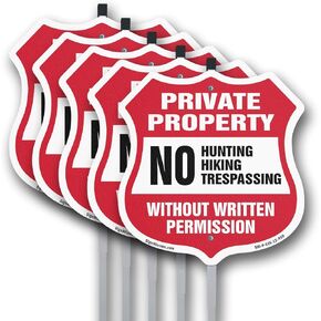 Private Property Shield Sign No Hunting Fishing Trespassing Without Written Permission 12 inch X 12 inch Shield Shaped Rust-Free Aluminum Metal Sign with Aluminum Mounting Stake Weather Resistant