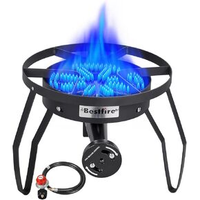 Bestfire 16" Single Propane Burner Camp Stove with Steel Braided Hose 200,000 BTU for Frying, Camping, Home Brewing, and Turkey Frying