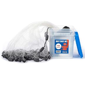 BASSDASH American Saltwater Fishing Cast Net 3/8 1/4-Inch Mesh 4ft 6ft 8ft Radius, 1-Pound Per Foot, for Bait Fish with Utility Bucket Casting
