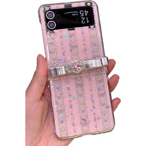 for Samsung Galaxy Z Flip 6 Cute Case with Shiny Glitter Powder, Kawaii Woman Case for Galaxy Z Flip 6 Lovely Diamond Bow Hinge Protector, Pink Stripe Floral Case for Z Flip 6