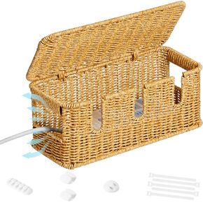 Cable Management Box,Ventilate Cord Hider Box with Open Slots,Cable Management Under Desk For TV Computer Wires,Rattan Organizer to Hide Cords,12.5" L×5.1" W×5.1"H