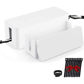 Cable Management Box Organizer, Pack of 2 Wire Concealer to Cover Hide Surge Protector & Power Strip on Desk Floor, with 5 Cord Fastening Tapes for Office, Home, Kitchen (Ice White)