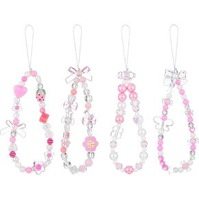 4 Pcs Beaded Phone Charm Lanyard Wrist Strap Cute Bead Lanyard Beaded Pearl Butterfly Heart Cell Phone Bracelet Straps Flower Chain Pendants for Women Men Bag Keychain Wallet Camera Decor