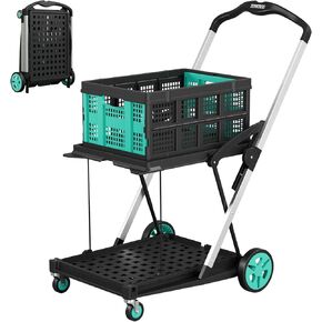 Shopping Cart, 8-in-1 200 lbs Multi Functional Collapsible Carts with 2 Storage Crates, 2-Tier Portable Utility Cart, Adjustable Folding Trolley for Shopping Warehouse Office Supermarket