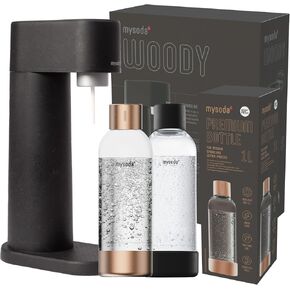 Black Woody Sparkling Water Maker With Extra Carbonation Bottles - Silent Carbonated Water Machine Made of Renewable Wood Composite and 2x1L Water Bottle Quick Lock Mechanism
