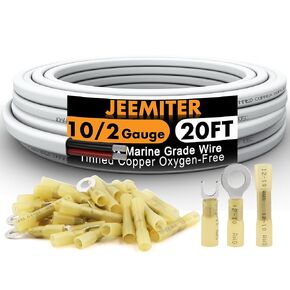 jeemiter 10/2 AWG Marine Wire Duplex Cable 20ft 10 Gauge 2 Conductor خالية من الأكسجين معلماً سلكًا كهربائيًا أسودًا حمراءًا مع مرور العروات وأنبوب تقلص الحرارة