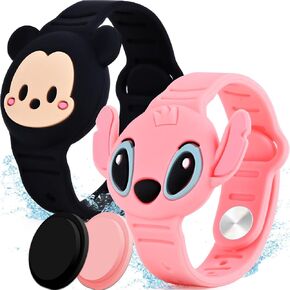2 Pack AirTag Holder for Kids, Waterproof Airtag Bracelet for Kids with Cute Cartoon Design, Full Coverage Anti-Lost Silicone Airtag Wristband for Children, Healthy Material (Black)