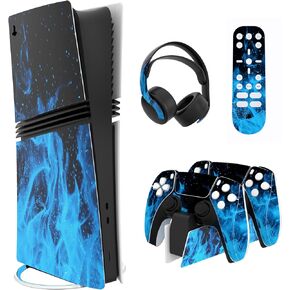 PlayVital Full Set Skin Stickers for ps5 Pro Console Digital & Disc, Vinyl Decal Wrap Accessories for ps5 Controller & Headset & Charging Station & Media Remote, Blue Flame