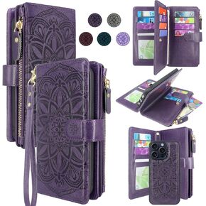Compatible with iPhone 15 Pro 6.1 inch 5G 2023 Wallet Case with [Card Slots] Detachable Removable Phone Cover Cash Coin Zipper Pocket Wrist Strap (Floral Wine Red) in Saudi Arabia