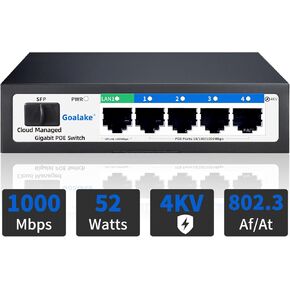 Poe Switch, 5 Port Gigabit PoE Switch, (4 Port gigabit Switch + 1 gigabit uplink+ 1 SFP Slot) Cloud Managed Gigabit Ethernet Switch, 4 Poe Ports @52W, APP Smart Managed, Remote Detection/Restart