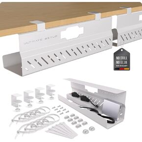Under Desk Cable Management Tray no Drill – Wire Management - Cord Organizer – Huge Load Capacity – Under Desk Cable Tray no Drill (White, 2 Pieces Set)