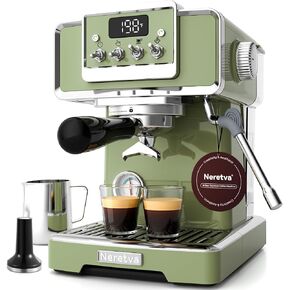 Neretva Espresso Machine, 15 Bar LCD Display Espresso Maker Manual&Auto Mode Stainless Steel Espresso Coffee Machines with 60oz Water Tank&Milk Frother for Home Barista -Green