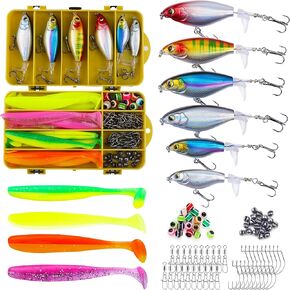 100 PCS Fishing Fishing Fished Ploppers معدات معالجة صندوق التروس للباس ، وذيل دوار عائم ، ومجموعة الأسماك الصلبة مع إغراء ناعم ، وأدوات الملحقات ، والطعم البلاستيكي ، والسباحة