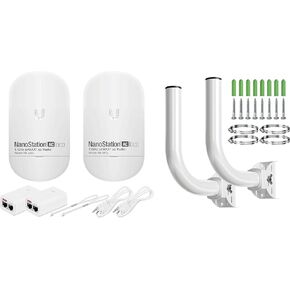 Wireless Bridge Ubiquiti LOCO5AC PRE-CONFIGURED, Bundle of 2 Nanostation LOCO 5AC and 2 Poles Kit, Point to Point Outdoor WiFi Bridge, Plugh and Play, 5GHz, 450+Mbps, 10+km Link Range, Network Bridge