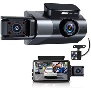 Car Dash Camera 3 Channel – 1080P HD, Front - Inside - Rear Cam, 170° Wide Angle, Loop Recording, G-Sensor, Motion Detection, Includes 32GB Memory Card