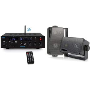 PYLE Wireless Bluetooth Karaoke Amplifier Home Car Bus Tours 300 Watts 2 Channel Digital Home Audio PA Receiver System and 3.5 Inch 200 Watt Waterproof Marine Grade Mount Speakers